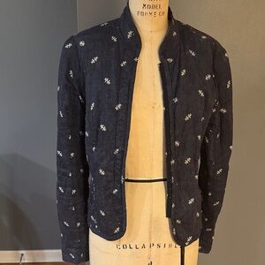 Anthropologie Dark Blue and White Embroidered Blazer
